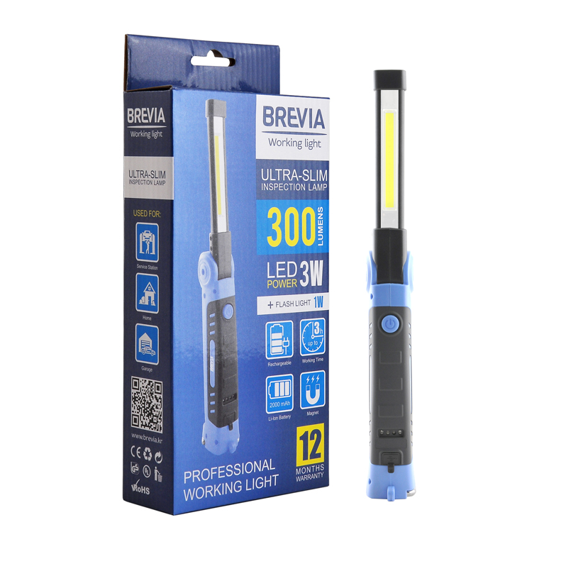 Купить Фонарь LED инспекционный Brevia Ultra-slim 3W COB+1W LED 300lm 2000mAh+microUSBBREVIA 11360   